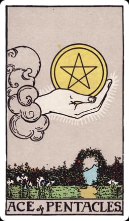 The Ace of Pentacles from the Rider-Waite-Smith deck: a hand emerges from a cloud offering a single large gold pentacle, held above a flowering garden of white lilies, with a rose-covered hedge archway framing a path toward distant hills.