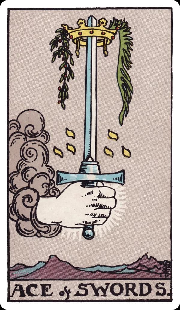 The Ace of Swords from the Rider-Waite-Smith deck: a hand emerges from a cloud gripping a single upright sword, its blade catching light against a stormy grey sky, a golden crown encircling the tip with a sprig of palm and olive draped from it, jagged snow-capped mountains visible in the far distance below.