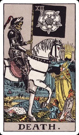 Death from the Rider-Waite-Smith deck: a skeleton in black armor rides a white horse carrying a black flag bearing a white five-petaled rose, passing a fallen king on the ground, a kneeling maiden, a pleading child, and a bishop who meets its gaze calmly, with the sun rising between two distant towers and a river flowing in the background.