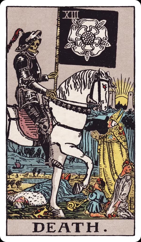 Death from the Rider-Waite-Smith deck: a skeleton in black armor rides a white horse carrying a black flag bearing a white five-petaled rose, passing a fallen king on the ground, a kneeling maiden, a pleading child, and a bishop who meets its gaze calmly, with the sun rising between two distant towers and a river flowing in the background.
