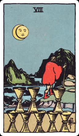 The Eight of Cups from the Rider-Waite-Smith deck: a cloaked figure walks away at night, leaning on a staff, leaving behind eight cups stacked in a careful arrangement with one visibly missing from the top row, beneath a partially eclipsed moon and distant mountains.