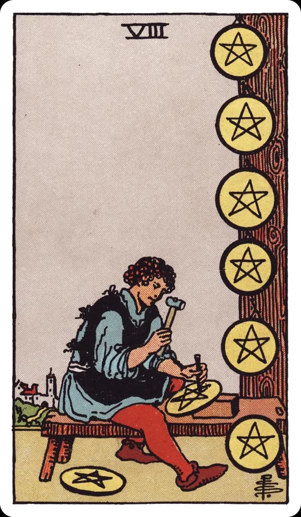 The Eight of Pentacles from the Rider-Waite-Smith deck: a craftsman sits on a wooden bench carving a pentacle into a stone disc, six finished pentacles already mounted on a post and wall beside him, tools scattered at his feet, a small distant town visible beyond the workshop.