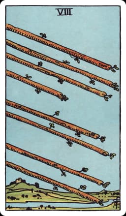 The Eight of Wands from the Rider-Waite-Smith deck: eight bare wands fly in tight parallel diagonal formation through a clear sky over a green valley, passing above a winding river and a small distant cottage, with no human figure anywhere in the scene.