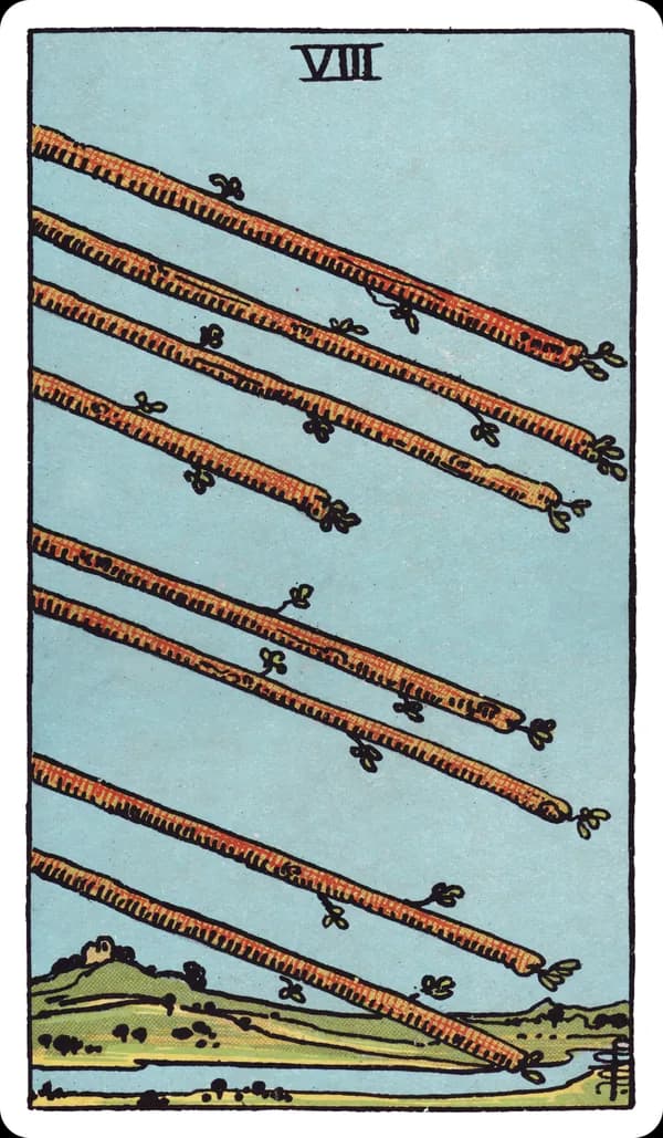 The Eight of Wands from the Rider-Waite-Smith deck: eight bare wands fly in tight parallel diagonal formation through a clear sky over a green valley, passing above a winding river and a small distant cottage, with no human figure anywhere in the scene.