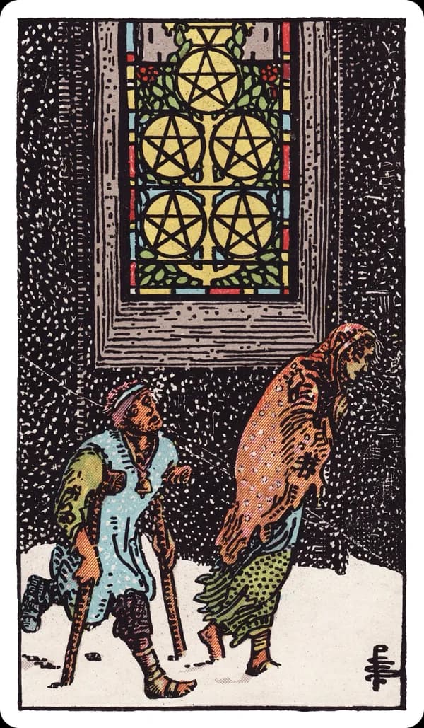 The Five of Pentacles from the Rider-Waite-Smith deck: two ragged figures trudge through falling snow past a lit stained-glass church window, one on crutches with a bandaged foot, beneath a window displaying five pentacles.