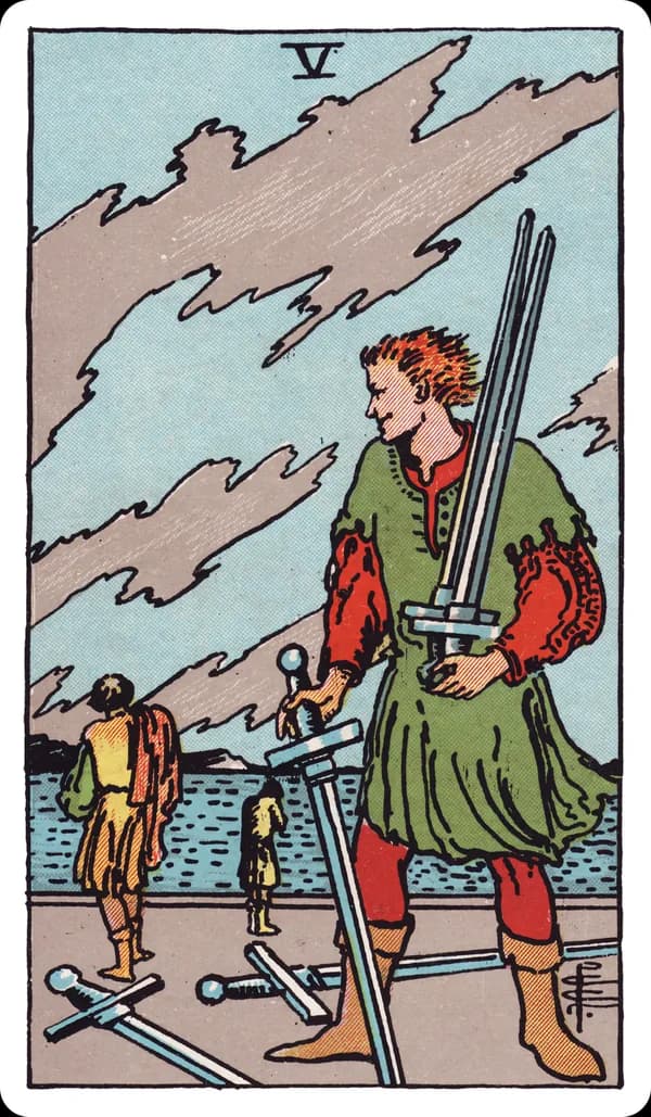 The Five of Swords from the Rider-Waite-Smith deck: a smirking man in the foreground gathers three swords into his arms while two more lie discarded on the ground at his feet, two defeated figures walk away in the distance with heads bowed and shoulders slumped, a turbulent, wind-streaked sky stretching overhead.