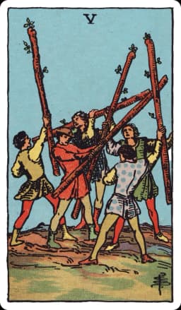 The Five of Wands from the Rider-Waite-Smith deck: five young men on a green field each brandish a wand at odd, crossing angles, caught mid-motion in what looks like a chaotic mock battle with no clear leader, formation, or winner.