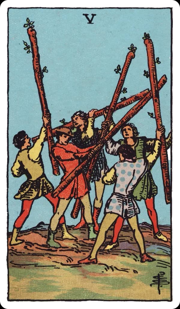The Five of Wands from the Rider-Waite-Smith deck: five young men on a green field each brandish a wand at odd, crossing angles, caught mid-motion in what looks like a chaotic mock battle with no clear leader, formation, or winner.