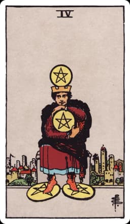 The Four of Pentacles from the Rider-Waite-Smith deck: a crowned figure sits on a stone bench in front of a city, clutching one pentacle tightly against his chest with both arms, balancing another on top of his head, and standing with a foot planted firmly on each of two more pentacles on the ground.