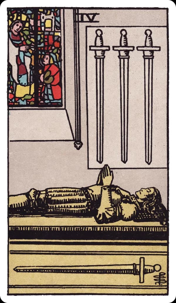 The Four of Swords from the Rider-Waite-Smith deck: a stone effigy of a knight lies still atop a tomb inside a quiet chapel, hands folded in prayer, three swords mounted on the wall above point downward while a fourth lies horizontal beneath the tomb, a stained-glass window glowing behind him.