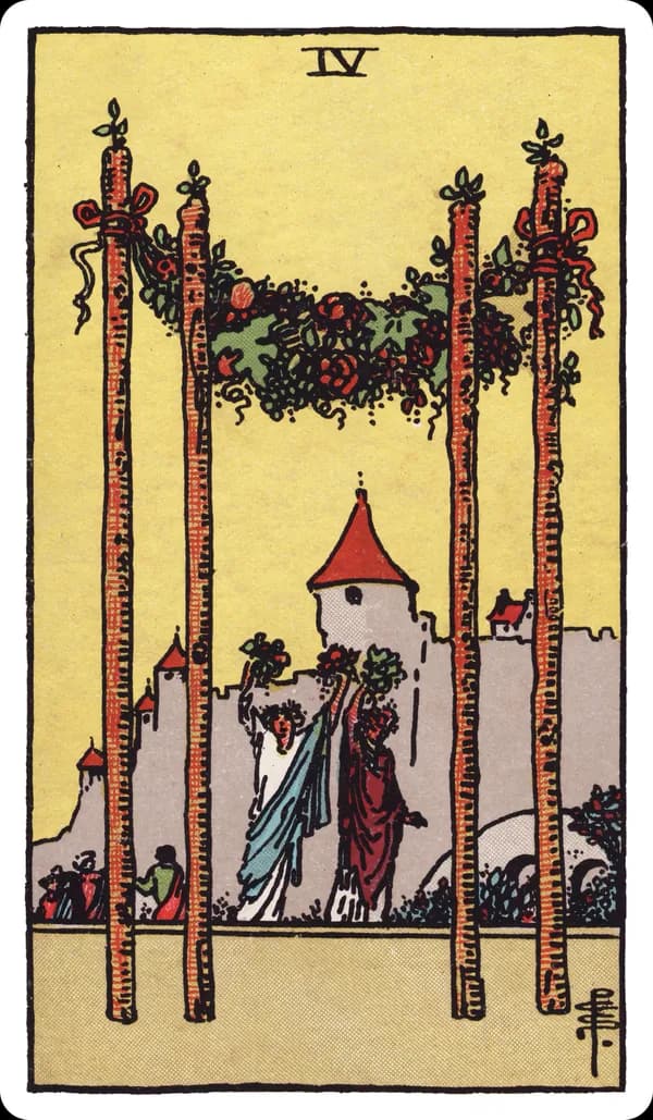 The Four of Wands from the Rider-Waite-Smith deck: two small figures raise garlands of flowers overhead beneath a canopy strung between four tall wands planted in the foreground, a crowd gathers near a castle in the background, the whole scene lit like an outdoor celebration.