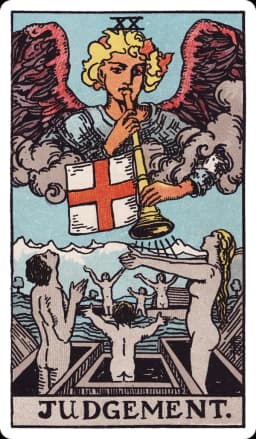Judgement from the Rider-Waite-Smith deck: a winged angel, usually identified as Gabriel, blows a trumpet from among the clouds, a banner bearing a red cross hanging from the instrument, while naked human figures below rise up from open coffins with arms outstretched in a mixture of awe and welcome, distant grey mountains visible on the horizon.