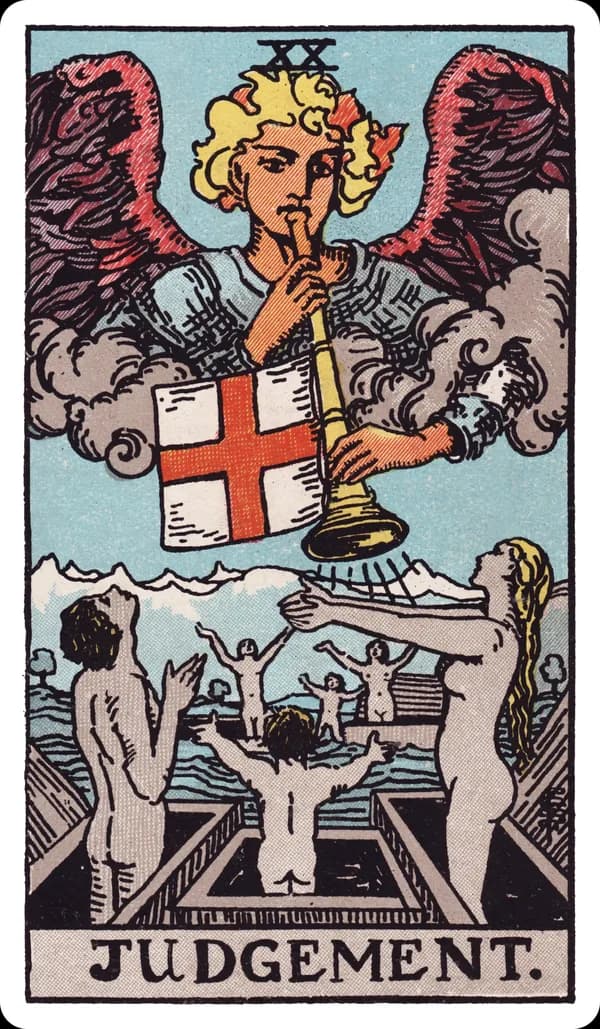 Judgement from the Rider-Waite-Smith deck: a winged angel, usually identified as Gabriel, blows a trumpet from among the clouds, a banner bearing a red cross hanging from the instrument, while naked human figures below rise up from open coffins with arms outstretched in a mixture of awe and welcome, distant grey mountains visible on the horizon.