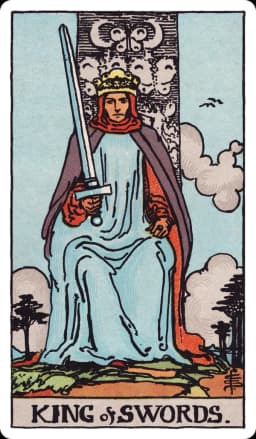 The King of Swords from the Rider-Waite-Smith deck: a king sits facing forward on a throne carved with butterflies and a crescent moon, holding an upright sword steadily in one hand, two birds flying in the sky behind him, distant mountains and bare trees stretching across the horizon.