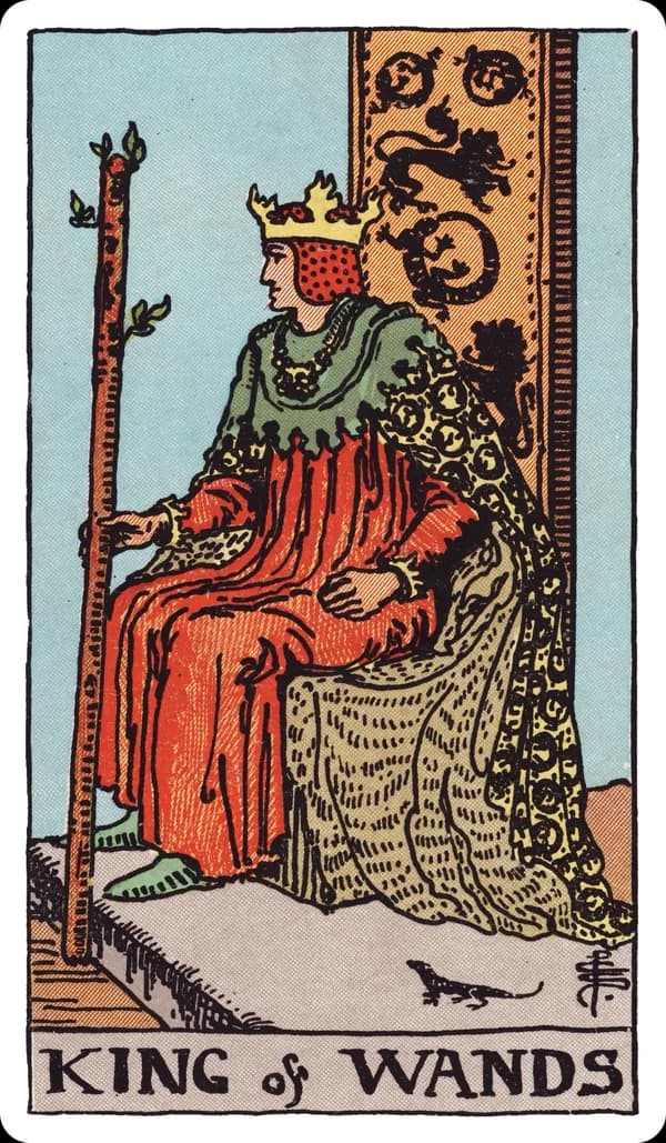 The King of Wands from the Rider-Waite-Smith deck: a king sits sideways on a throne carved with lions and salamanders, wearing a robe patterned with salamanders, holding a budding wand upright, a small salamander visible near the base of his throne, a desert landscape stretching behind him.