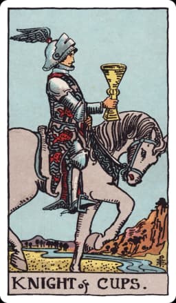 The Knight of Cups from the Rider-Waite-Smith deck: a knight in ornate armor, with wings adorning his helmet and heels, rides a calm white horse at a slow, deliberate pace beside a stream, holding a golden cup out before him as if extending an offer.