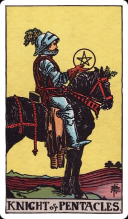 The Knight of Pentacles from the Rider-Waite-Smith deck: an armored knight sits motionless on a stationary black workhorse in a freshly plowed field, holding a pentacle in one raised hand and looking steadily at it, distant plowed rows stretching toward the horizon.