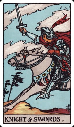 The Knight of Swords from the Rider-Waite-Smith deck: an armored knight charges at full gallop on a white horse across a windswept plain, sword raised straight ahead, storm clouds and bent, wind-whipped trees streaking past on either side, birds scattering before him.