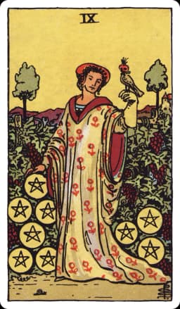 The Nine of Pentacles from the Rider-Waite-Smith deck: a woman stands alone in a lush, cultivated vineyard, one gloved hand resting on a hooded falcon, pentacles hanging heavy among the vines around her, a snail crawling in the grass at her feet, a manor house visible in the distance.