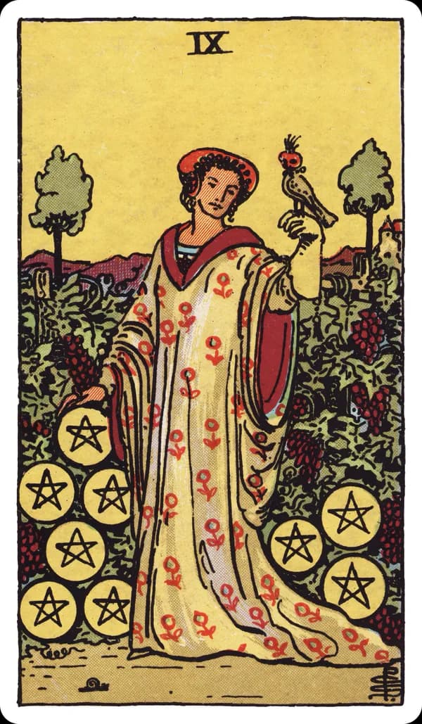 The Nine of Pentacles from the Rider-Waite-Smith deck: a woman stands alone in a lush, cultivated vineyard, one gloved hand resting on a hooded falcon, pentacles hanging heavy among the vines around her, a snail crawling in the grass at her feet, a manor house visible in the distance.