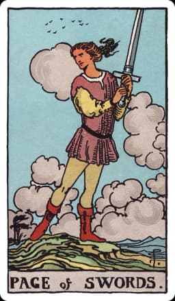The Page of Swords from the Rider-Waite-Smith deck: a young figure stands on rocky, windswept high ground gripping an upright sword with both hands, hair and cloak whipped by the wind, head turned sharply as if just alerted to something, storm clouds and distant birds scattered across the sky behind them.