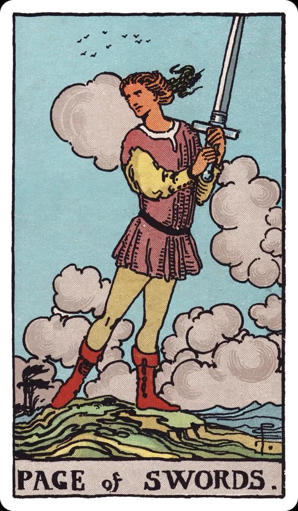 The Page of Swords from the Rider-Waite-Smith deck: a young figure stands on rocky, windswept high ground gripping an upright sword with both hands, hair and cloak whipped by the wind, head turned sharply as if just alerted to something, storm clouds and distant birds scattered across the sky behind them.