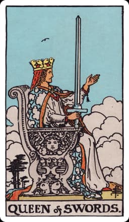 The Queen of Swords from the Rider-Waite-Smith deck: a queen sits in profile on a throne carved with a cherub and a butterfly, holding an upright sword in one raised hand and extending her other hand outward, palm open, storm clouds parting behind her, her expression composed and clear-eyed.
