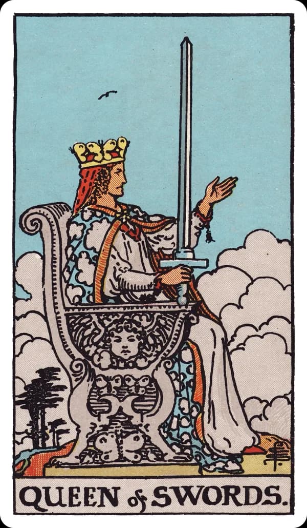 The Queen of Swords from the Rider-Waite-Smith deck: a queen sits in profile on a throne carved with a cherub and a butterfly, holding an upright sword in one raised hand and extending her other hand outward, palm open, storm clouds parting behind her, her expression composed and clear-eyed.