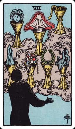 The Seven of Cups from the Rider-Waite-Smith deck: a silhouetted figure stands before seven cups floating within clouds, each holding a different vision — a shrouded figure, a snake, a castle, jewels, a laurel wreath, a dragon-like creature, and a glowing face.