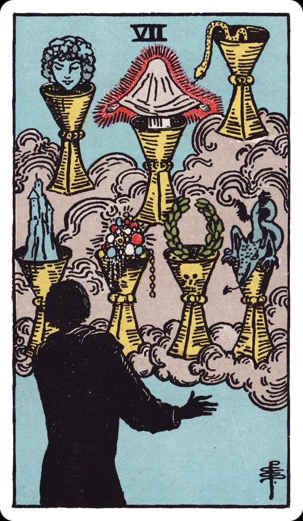 The Seven of Cups from the Rider-Waite-Smith deck: a silhouetted figure stands before seven cups floating within clouds, each holding a different vision — a shrouded figure, a snake, a castle, jewels, a laurel wreath, a dragon-like creature, and a glowing face.