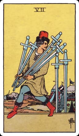The Seven of Swords from the Rider-Waite-Smith deck: a man creeps away from a military camp at dusk carrying five swords bundled awkwardly against his chest, glancing back over his shoulder with a sly half-smile, two swords left standing upright in the ground behind him, tents and distant figures visible in the background.