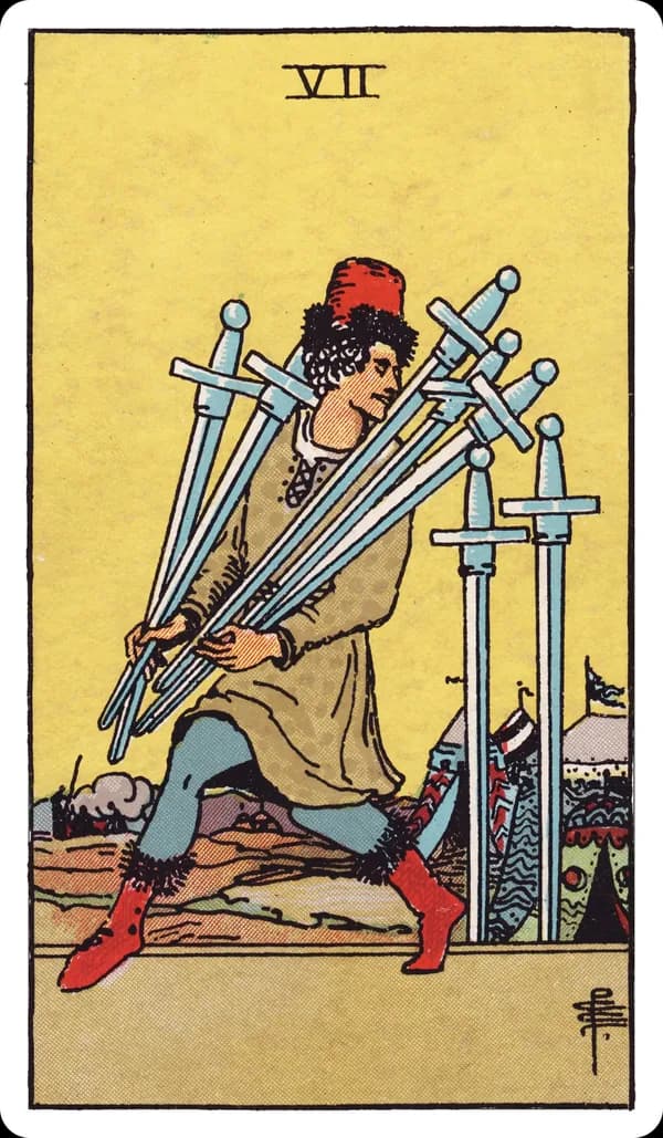 The Seven of Swords from the Rider-Waite-Smith deck: a man creeps away from a military camp at dusk carrying five swords bundled awkwardly against his chest, glancing back over his shoulder with a sly half-smile, two swords left standing upright in the ground behind him, tents and distant figures visible in the background.