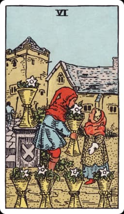 The Six of Cups from the Rider-Waite-Smith deck: in an old walled garden, a boy hands a girl a cup filled with white star-shaped flowers; four more flower-filled cups stand nearby on a stone ledge, and a cloaked adult figure walks away toward a distant building under a low afternoon sun.