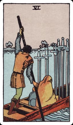 The Six of Swords from the Rider-Waite-Smith deck: a ferryman poles a small boat carrying a cloaked woman and a child across calm water toward a distant shore, six swords standing upright in the boat behind them, the water they've left choppy and the water ahead smooth.