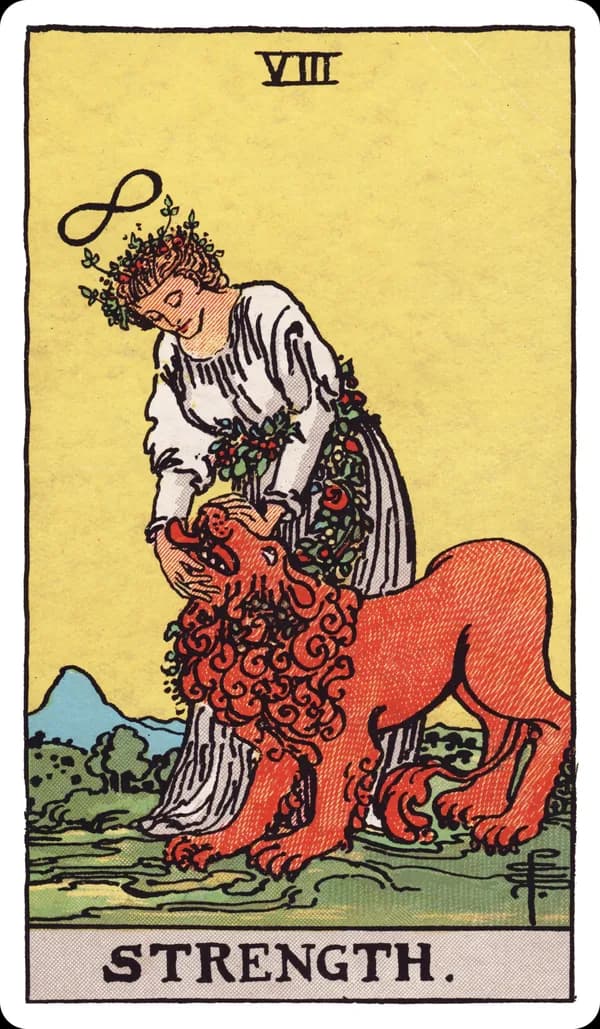 Strength from the Rider-Waite-Smith deck: a woman in a flowing white gown gently closes the jaws of a lion with her bare hands, a lemniscate (infinity symbol) floating above her head, a garland of flowers wound around her waist, calm mountains and a soft yellow sky in the background.