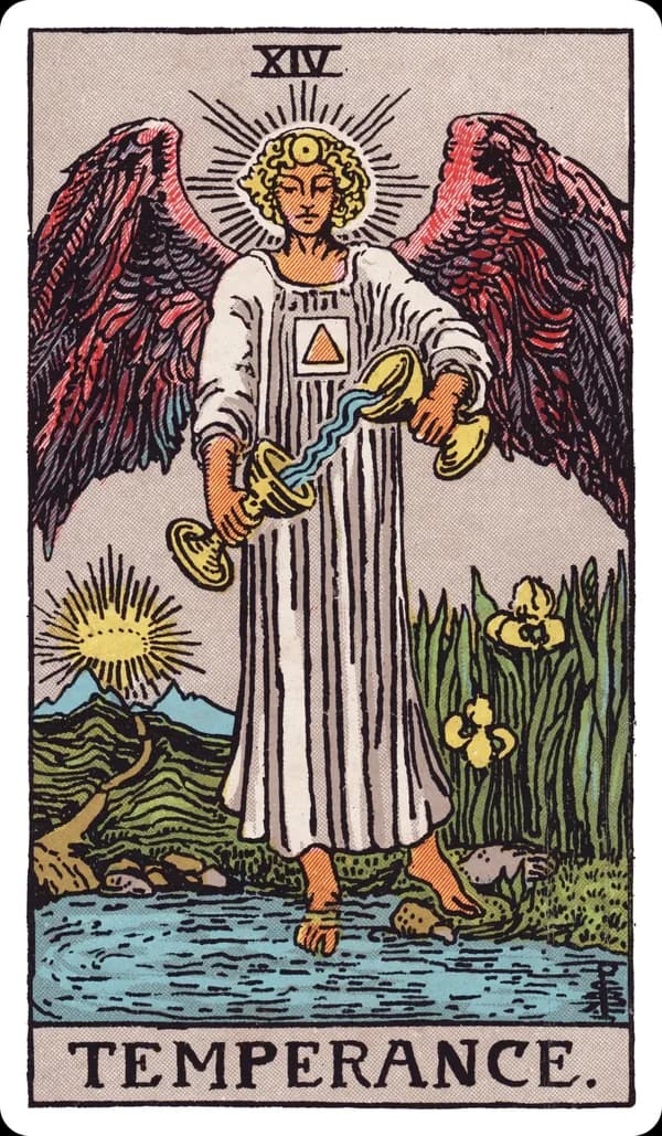 Temperance from the Rider-Waite-Smith deck: a winged, androgynous angel stands with one foot on solid ground and one foot submerged in a pool of water, carefully pouring liquid between two cups held in each hand, a golden triangle within a square glowing on the angel's chest, a path leading toward distant mountains with a rising sun or crown of light on the horizon, and irises growing at the water's edge.