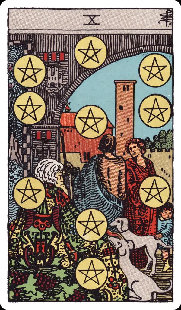 The Ten of Pentacles from the Rider-Waite-Smith deck: an elderly man sits beneath a grand archway carved with grapevines and coats of arms, two dogs beside him, watching a couple and a small child in the foreground, ten pentacles arranged around the scene in the pattern of the Tree of Life, a walled town visible through the archway.