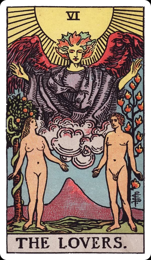 The Lovers from the Rider-Waite-Smith deck: a naked man and woman stand in a garden beneath a radiant sun, a winged angel emerging from clouds above them with arms outstretched in blessing, a tree bearing twelve flames rising behind the man, and a tree with a coiled serpent behind the woman, a large mountain visible in the far distance between them.