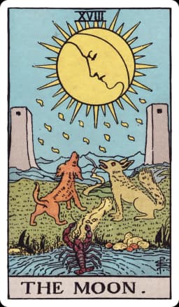 The Moon from the Rider-Waite-Smith deck: a large yellow moon with a troubled human face hangs in a night sky, dripping trails of light falling from it, two grey towers standing on either side of a winding path, a dog and a wolf howling up at the moon from the roadside, and a crayfish emerging from a pool of water at the bottom of the scene.