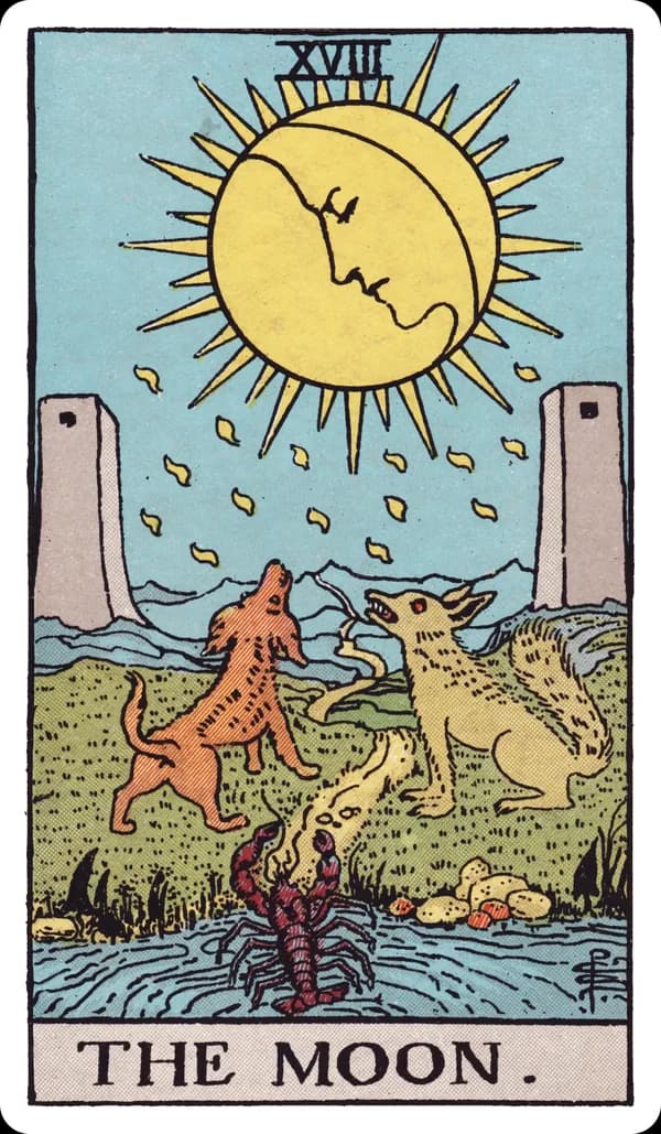 The Moon from the Rider-Waite-Smith deck: a large yellow moon with a troubled human face hangs in a night sky, dripping trails of light falling from it, two grey towers standing on either side of a winding path, a dog and a wolf howling up at the moon from the roadside, and a crayfish emerging from a pool of water at the bottom of the scene.