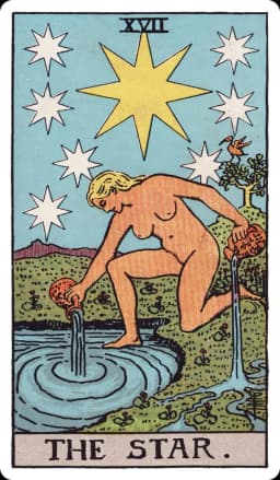 The Star from the Rider-Waite-Smith deck: a naked woman kneels beside a pool of water, pouring liquid from two jugs — one back into the pool, one onto the land — beneath a night sky where one large eight-pointed star shines at the center of seven smaller stars, an ibis perched in a nearby tree and low mountains visible in the distance.