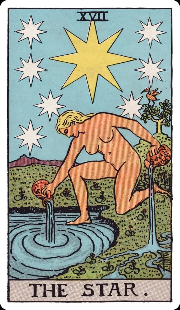 The Star from the Rider-Waite-Smith deck: a naked woman kneels beside a pool of water, pouring liquid from two jugs — one back into the pool, one onto the land — beneath a night sky where one large eight-pointed star shines at the center of seven smaller stars, an ibis perched in a nearby tree and low mountains visible in the distance.