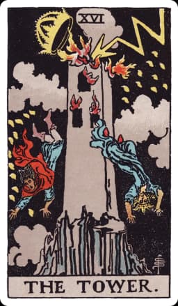 The Tower from the Rider-Waite-Smith deck: a tall stone tower is struck by a bolt of lightning, its crowned top blown off and engulfed in flame, two human figures falling headfirst through the air toward the ground below, while smaller flames or drops of light fall around the tower against a dark sky.
