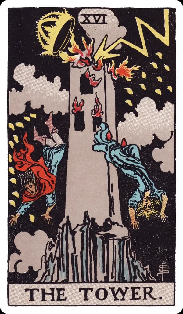 The Tower from the Rider-Waite-Smith deck: a tall stone tower is struck by a bolt of lightning, its crowned top blown off and engulfed in flame, two human figures falling headfirst through the air toward the ground below, while smaller flames or drops of light fall around the tower against a dark sky.