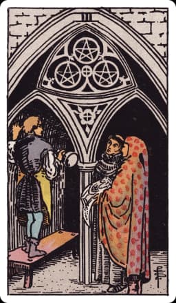 The Three of Pentacles from the Rider-Waite-Smith deck: a stonemason stands on a workbench carving an archway inside a cathedral, showing his plans to a monk and a robed figure holding architectural drawings, with three pentacles carved into the stonework above them.