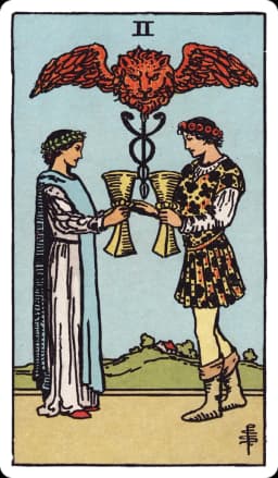 The Two of Cups from the Rider-Waite-Smith deck: a man and a woman face each other, each raising a cup toward the other in a mutual toast, crowned with laurel and flowers; between and above them a winged caduceus topped by a small lion's head rises from a grassy mound.